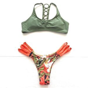 Bikini Set Tropical Floral Cheeky Bottom M & Green Crisscross Back Top S